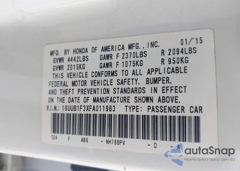 2015 Acura Tlx z USA, uszkodzony, nr VIN 19UUB1F3XFA011983